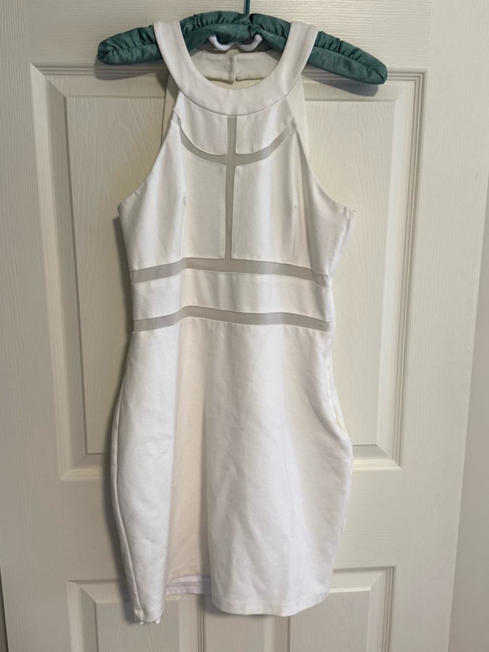 Guess White Mini Halter Dress with Mesh Insets